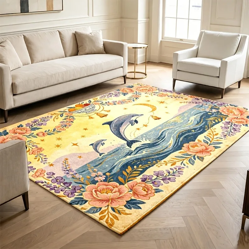 Fantasy Dinosaur Fairy Area Rug Magical Mushroom Gem Star Pattern Large Floor Carpet for Living Room Bedroom Home Art Decor