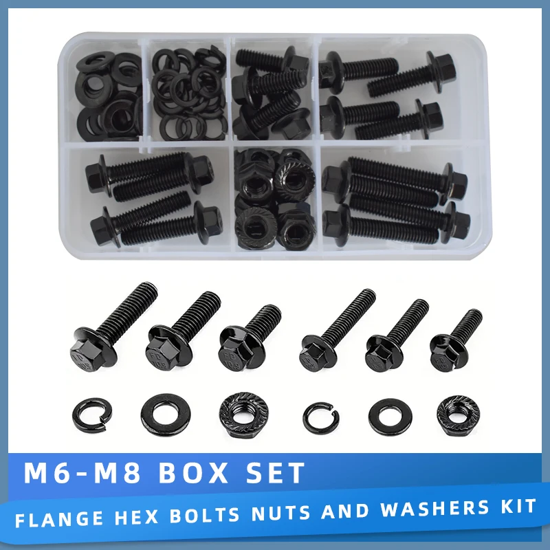 

M6 M8 Flange Hex Bolts and Nut Set Black Zinc Plated Alloy Steel 10.9 Grade Metric Screw Flat & Lock Washers Assortment Kit