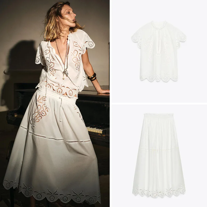 

Summer New Arrival Women's Embroidered Top with Long Skirt ZA2025 Ele Fem Faion Student orm Workwear 25-35 Years...