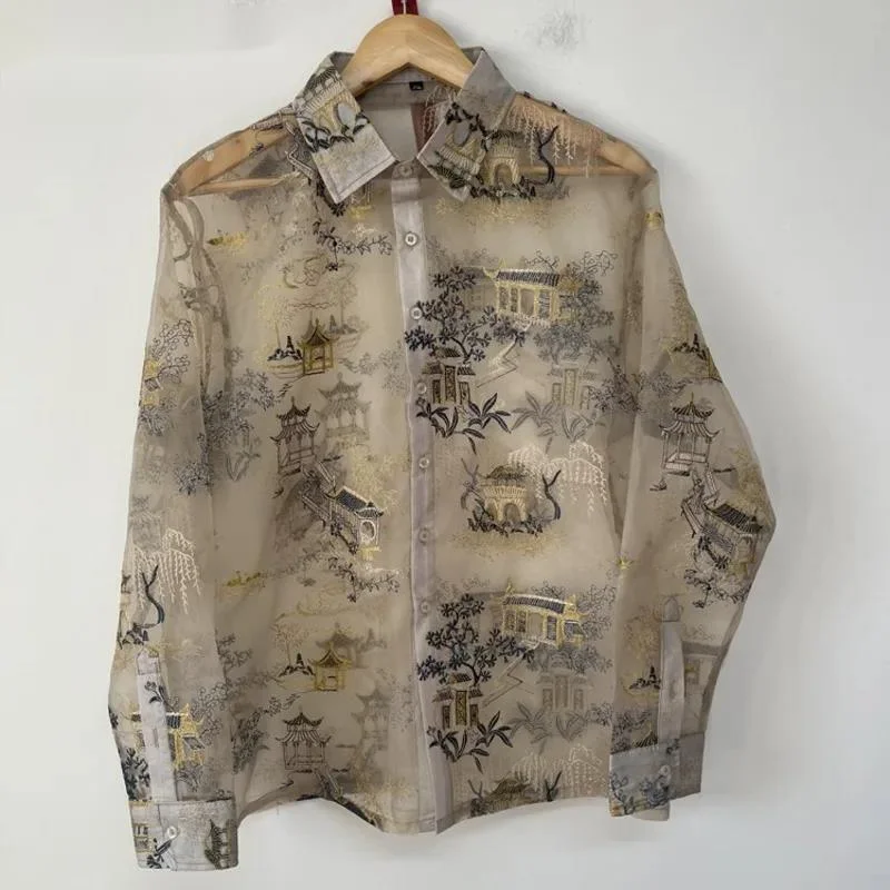 New Chinese Style Embroidery Men Shirts Sheer Organza Trend Design Loose Personality Versatile Single-breasted Tops KUJY