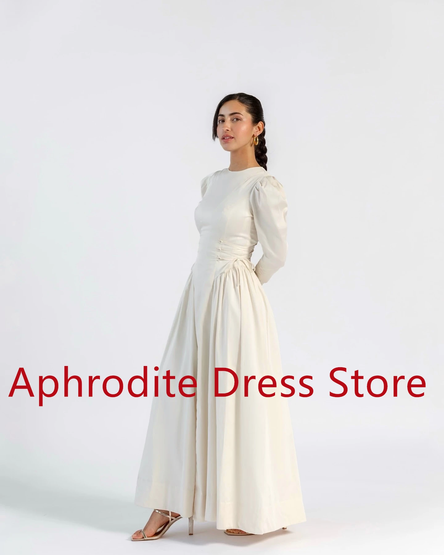 فستان سهرة أنيق من الساتان الأبيض مخصص ورشيق رائع برقبة دائرية وأكمام طويلة فساتين المشاهير عالية الجودة Pr #5