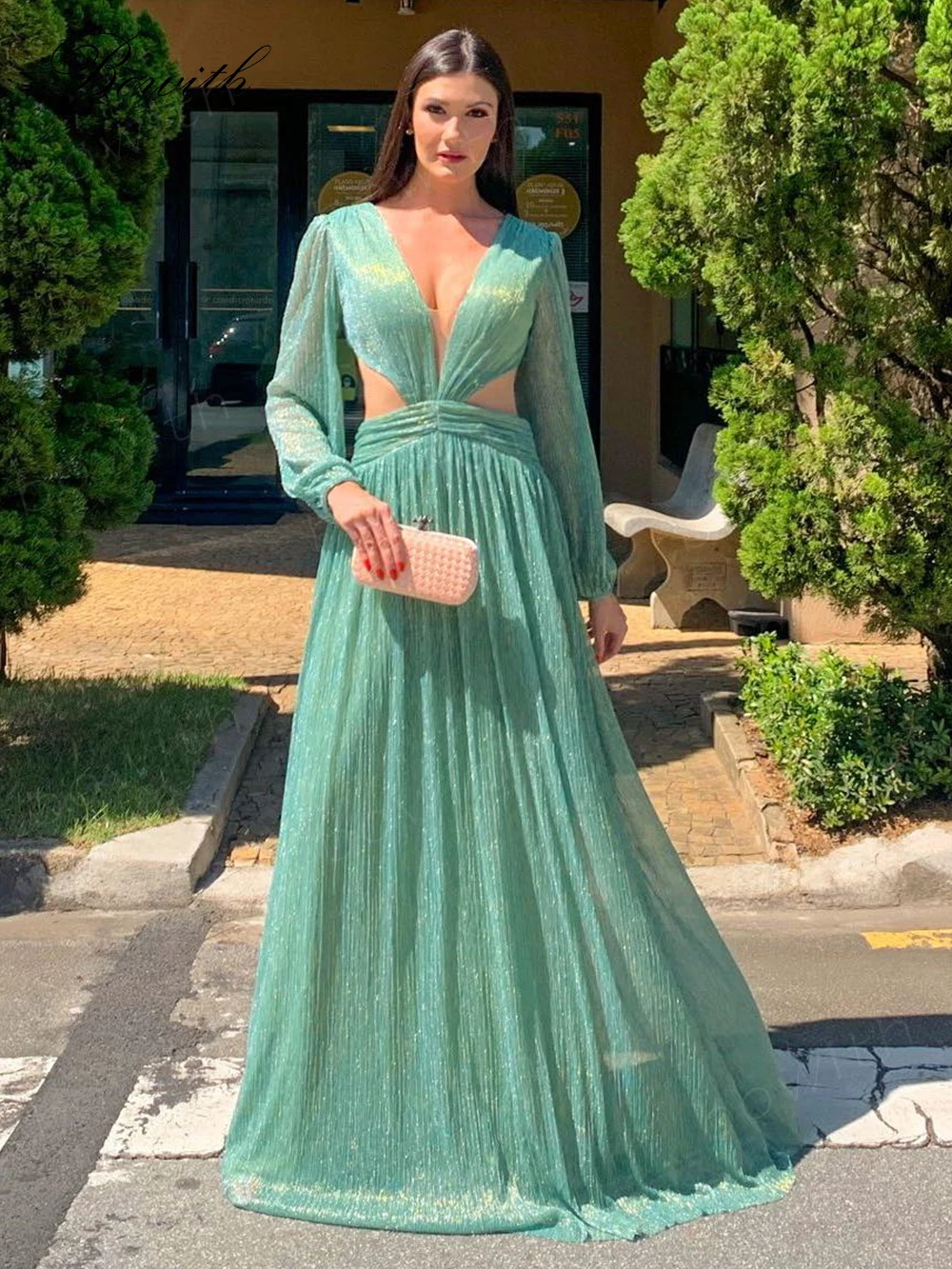 Bowith Long Sleeve Evening Dress Shiny Maxi Party Dresses for Women Cut Out Button Back Formal Occasion Dress for Women