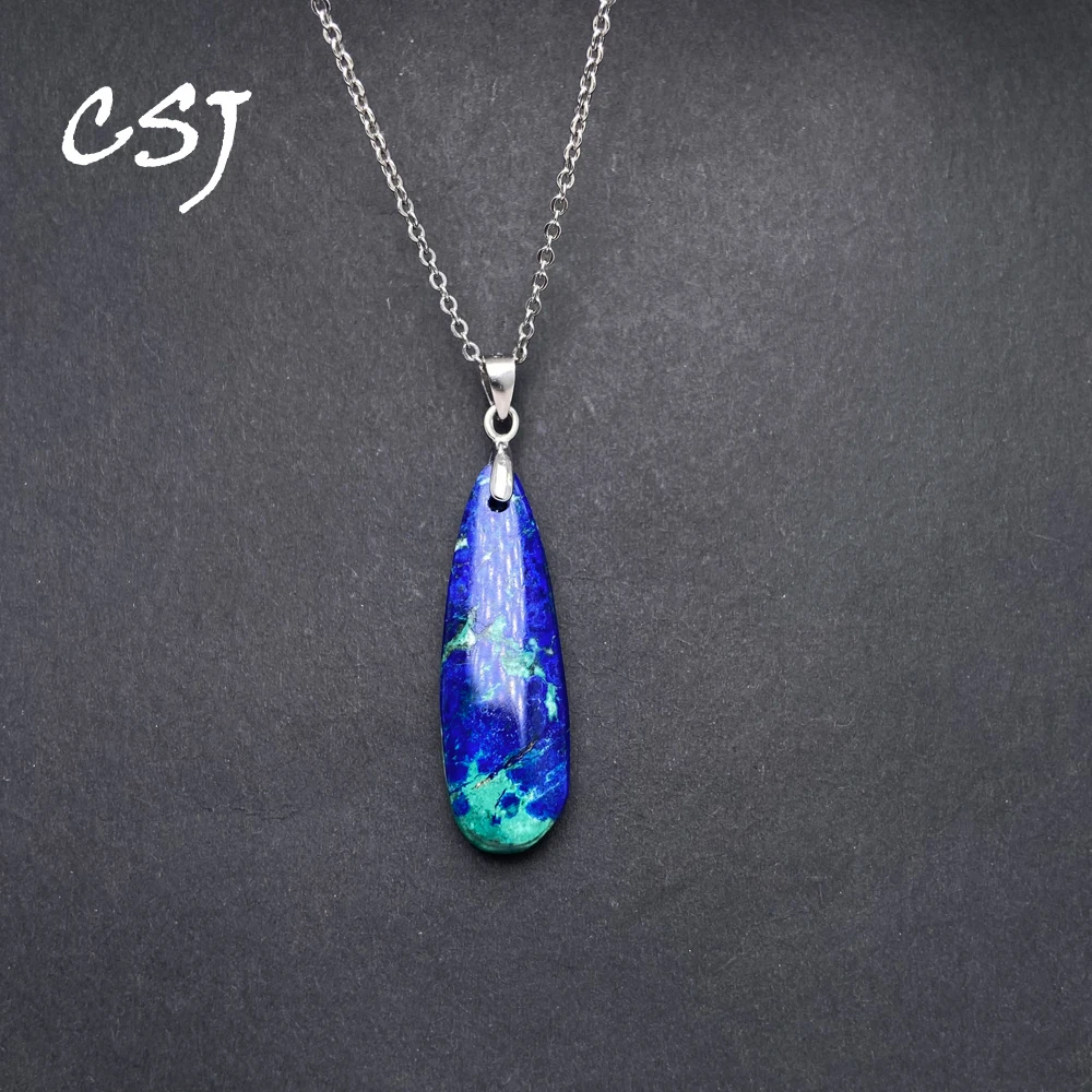 Genuine Natural Green Blue Azurite Pendant 925 Silver Necklace Malachite Azurite Lapis Lazuli for Women Water Drop Jewelry Gift