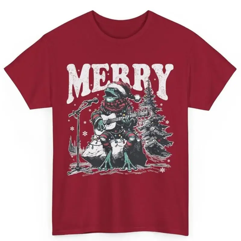 Frog Playing Guitar Christmas T Shirt Merry Xmas Retro Cotton