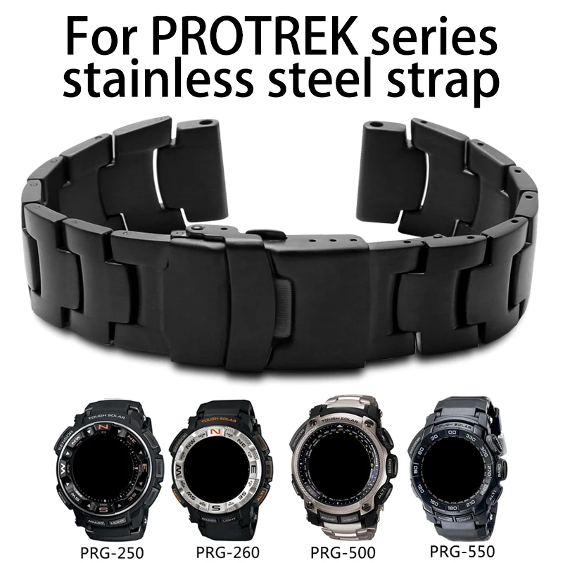 Solid Stainless steel Watchband metal silver black strap wristband For Casio PROTREK PRG-260 PRG-270 PRG-550 PRW-3500/2500/5100