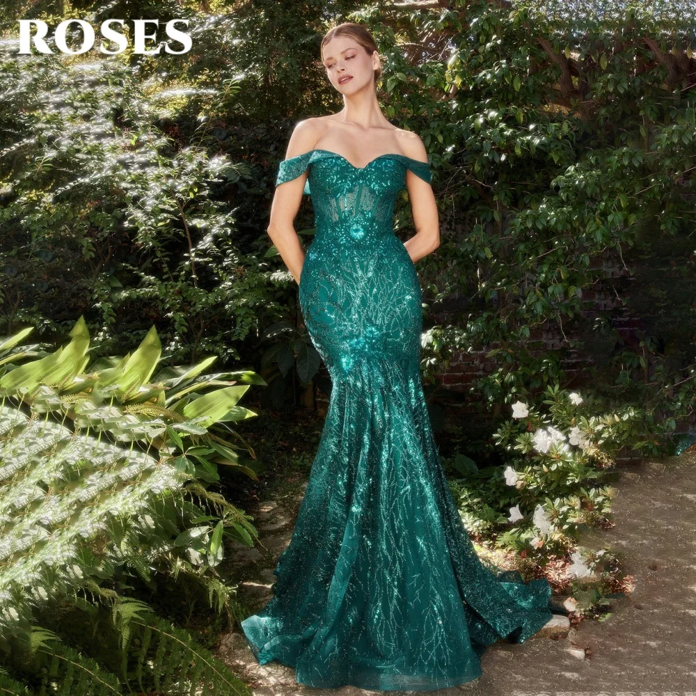 

ROSES Green Gorgeous Prom Dresses Sweetheart Off the Shoulder Hollow Prom Gown with Fishbone Shiny Sequined Ball Gown Customized