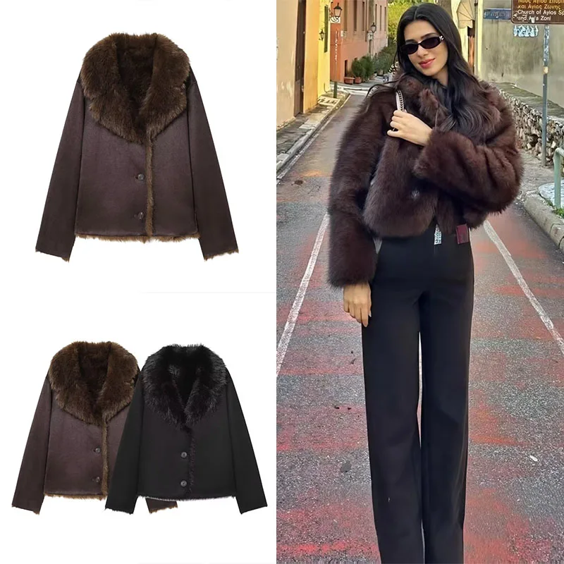 Guobioziy Women's Reversible Fur Coat 2026 Fall/Winter New Arrival Solid Color Lapel Stylish Casual ＆Office-Appropriate Fur Coat