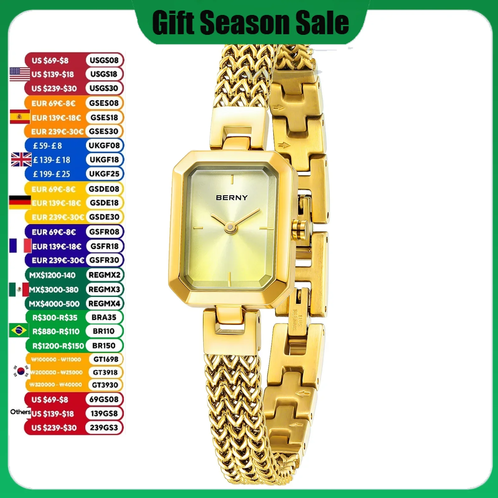 BERNY Gold Watch for Women Mini Square Exquisite Versatile Ladies Watch Luxury Fashion Jewelry Bracelet Wristwatch for Women