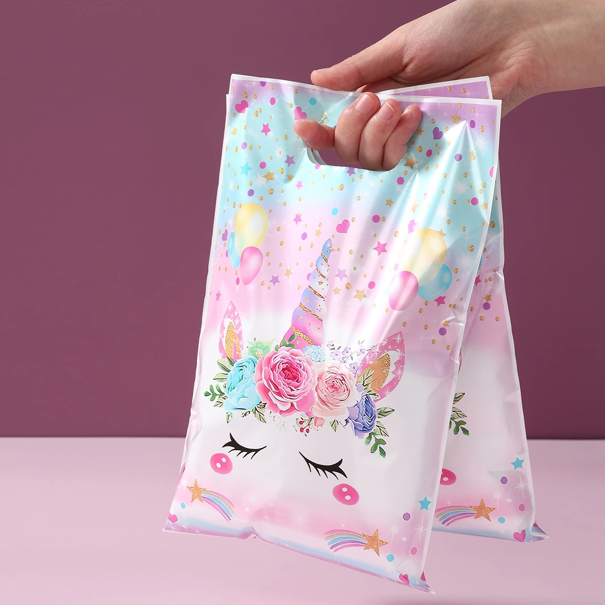 10/25/50 sztuk torebka torby na cukierki jednorożec dekoracje na imprezę urodzinową torba do pakowania prezentów dla dzieci 1. urodziny Baby Shower Girl zaopatrzenie firm — zdjęcie 4