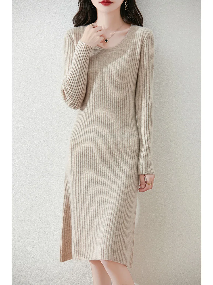 

Autumn Winter Women Dress 100% Merino Wool Striped Knitted Sweater Long Sleeve Fashion Pullover V-Neck Cashmere Clothing Sales