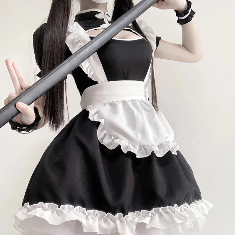 

Halloween Maid Cosplay Costume Black White Student Stage Party Waitress Roleplay Outfit Cute Cheongsam Chinese Qipao Dress Women