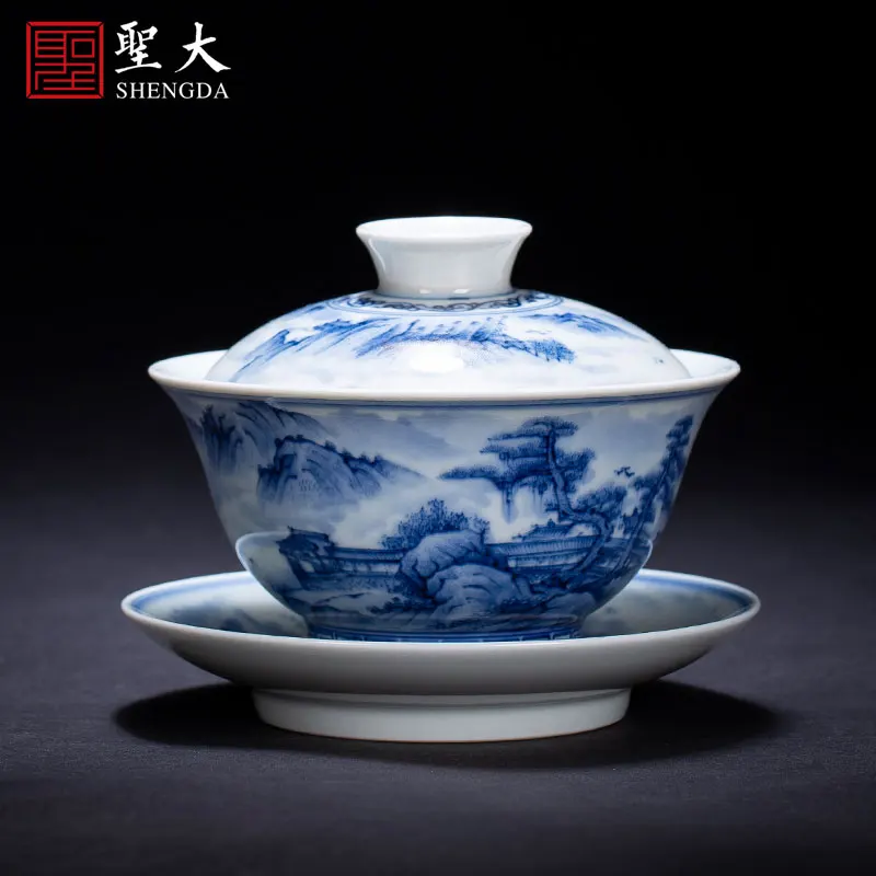 

|Gallery Sancai covered bowl hand-painted blue and white porcelain landscape tea bowl all manual Jingdezhen tea set