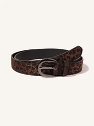 1pc Simple Texture Gun Black Buckle Leopard Print Suede Women's Belt Everything with A High Sense of Decorative Jeans Belt