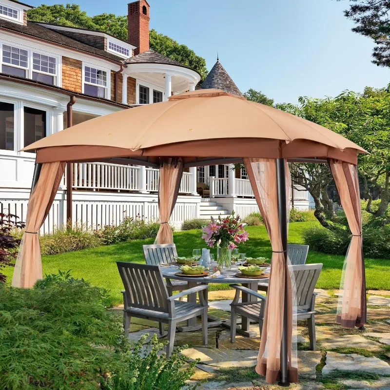 Gazebo for Patio, Double Vent Canopy Gazebo with Privacy Netting Screen, Outdoor Heavy Duty Steel Patio Gazebo