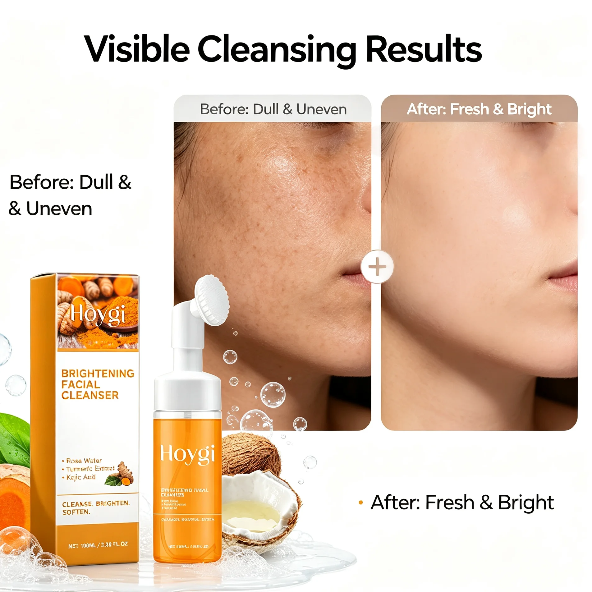 2-in-1 Turmeric Brightening Cleanser,Built in Silicone Brush Head,Synergistic Brightening Formula,Amino Acid Based Gentle Cleansing,Rose Water Hydration&Calming,Deep Nourishing, Cleansing&Hydrating All in One,Instant Foaming Mechanism,Clean&Natural