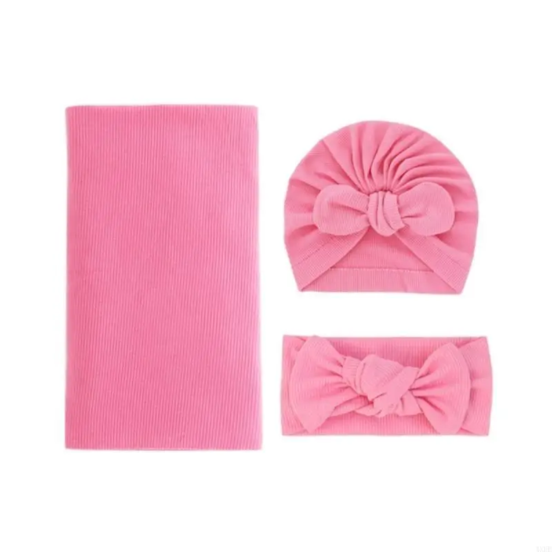 

Set of 3pcs Baby Revecing Blanket and Turban Hat Set+Headwear, Infant Wrap Cloth Elastic Hairband with Nursing Fetal Hat