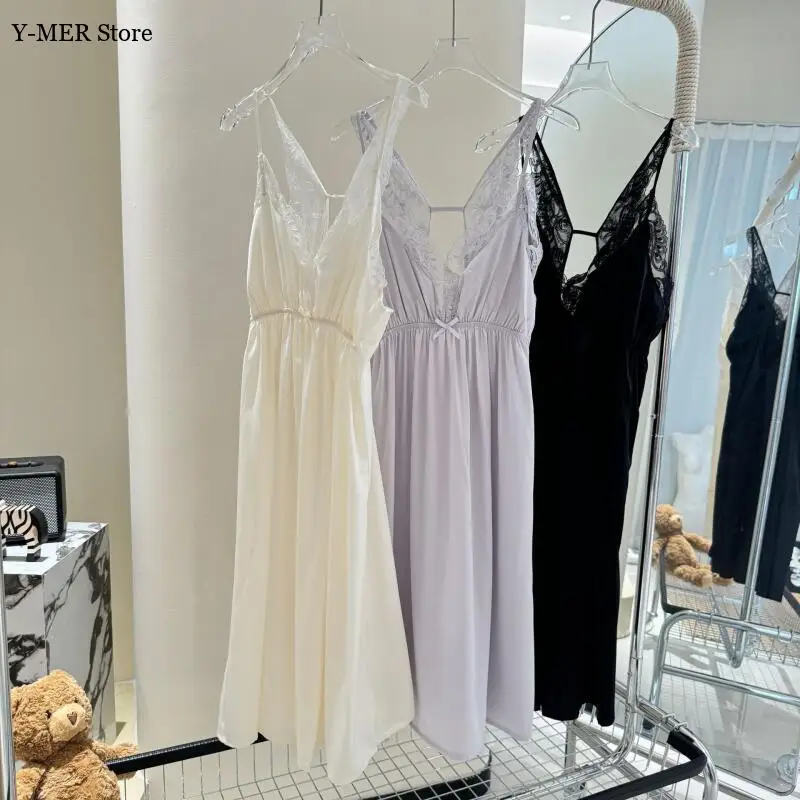 Sexy Lace Trim Nightgown Lady Backless Spaghetti Strap Satin Robe Suit Elegant Princess Style Loungewear Home Dressing Gown