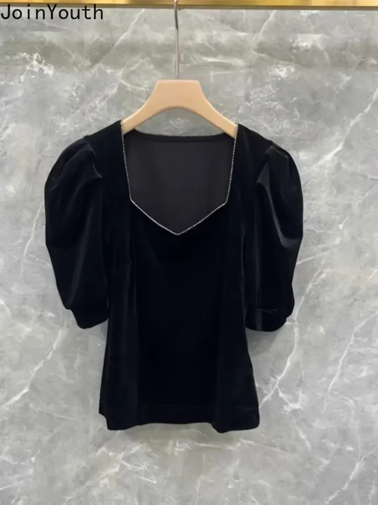 Blusas De Mujer 2023 Temperament Women Crop Tops Square Collar Puff Sleeve Velvet Shirts Diamond Black Tunic Summer Blouses