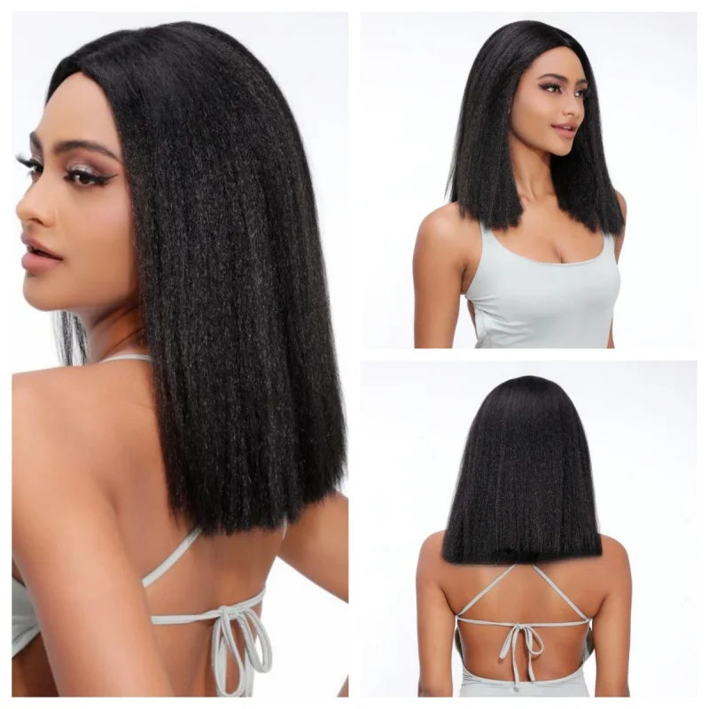 

Lydia Synthetic 15Inch Wigs Kinky Straigt Neat Hair Kanekalon Heat Resistant African American With Skin Topper Full Daily Bob