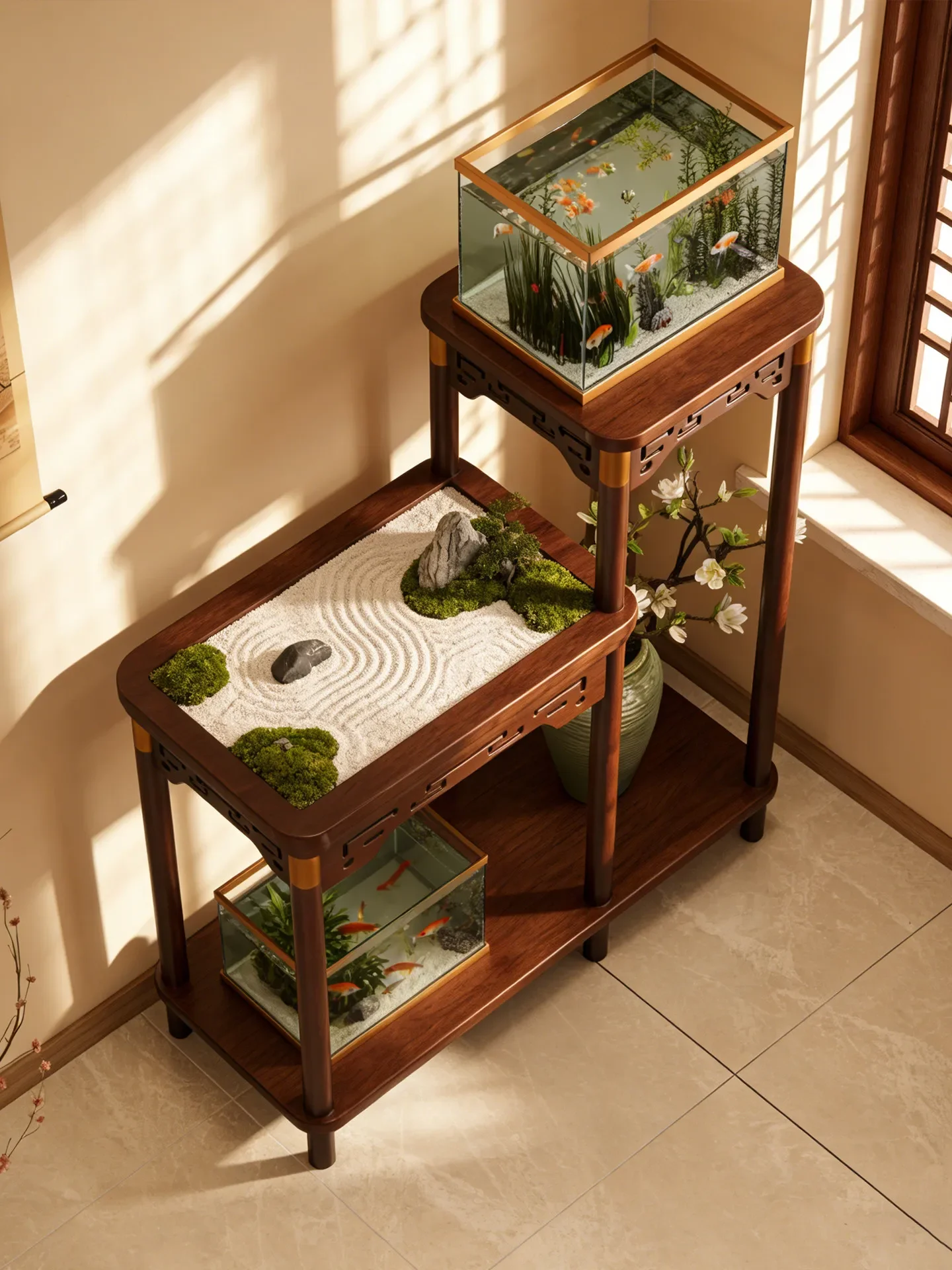 Solid wood Chinese flower rack, living room floor-to-ceiling flower pot rack, balcony succulent potted plants display fish tan