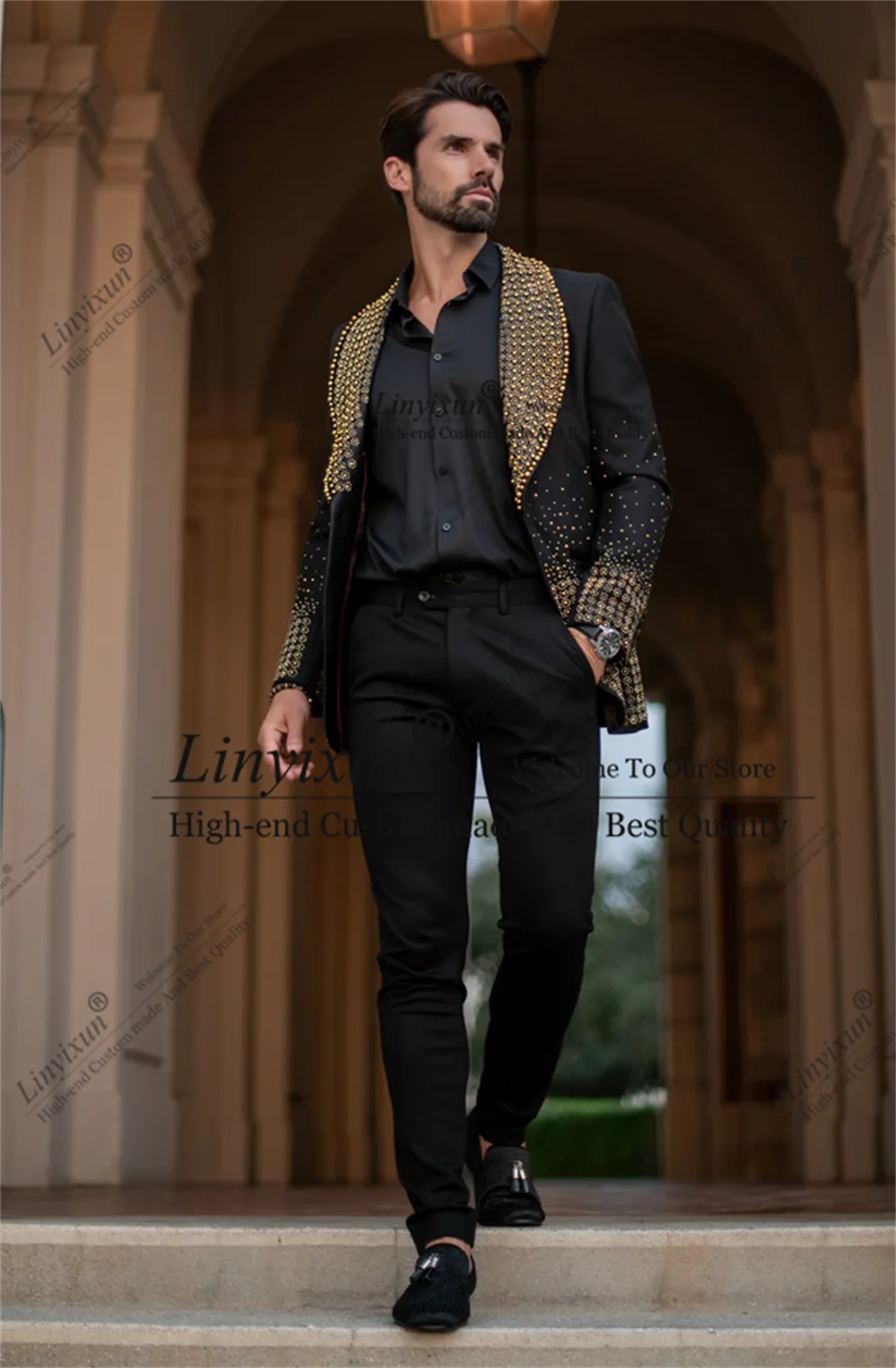 Handsome Beaded Men Suits 3 Pieces Set Groom Tuxedos Shawl Lapel Party Prom Blazer Slim Customized Dinner Wedding Costume Homme