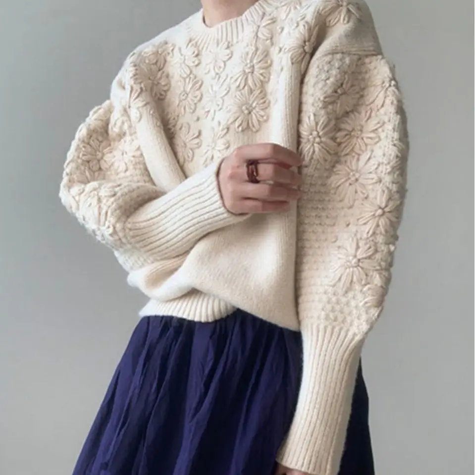 

Korean Oversized Sweater 3D Daisy Embroidery Heavyweight Pullover Fall Winter Top