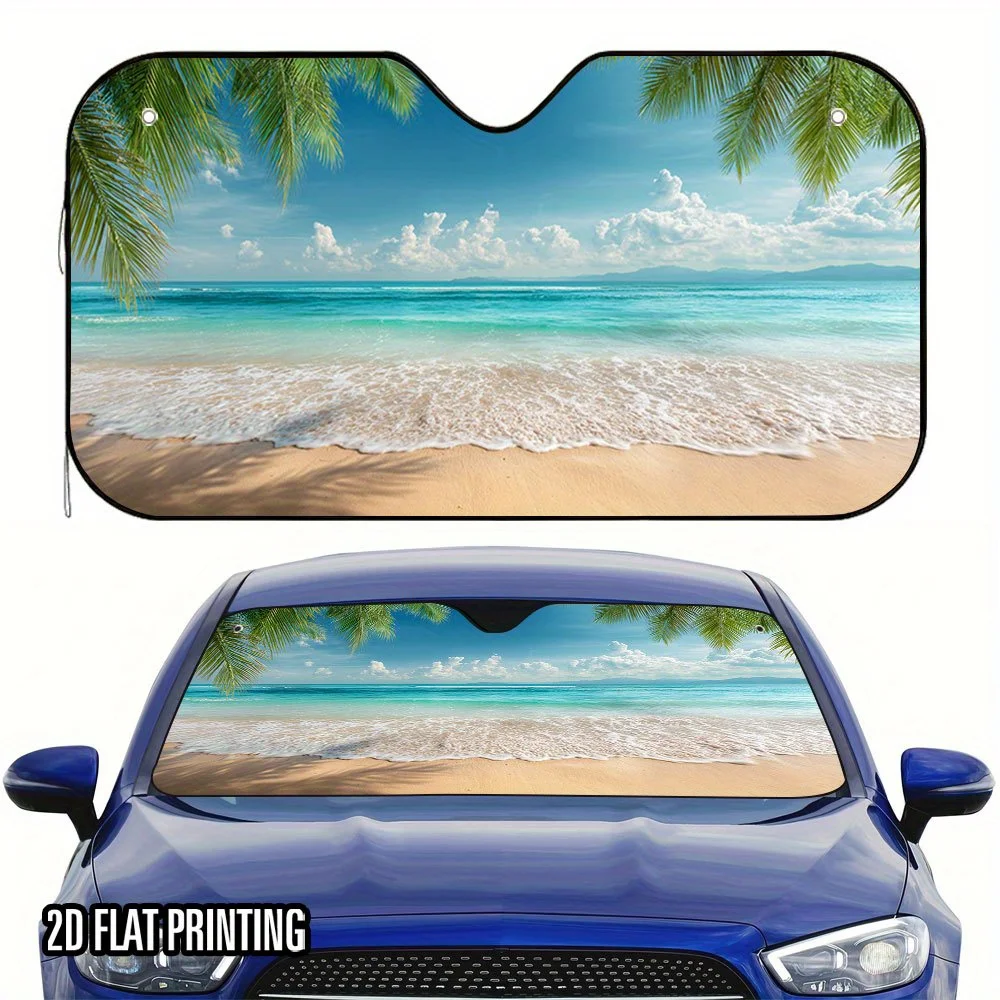 Pare-soleil de voiture Bliss de plage tropicale, pliable, garde votre véhicule au frais, design peu encombrant avec 4 ventouses pour une installation facile, 1 pièce