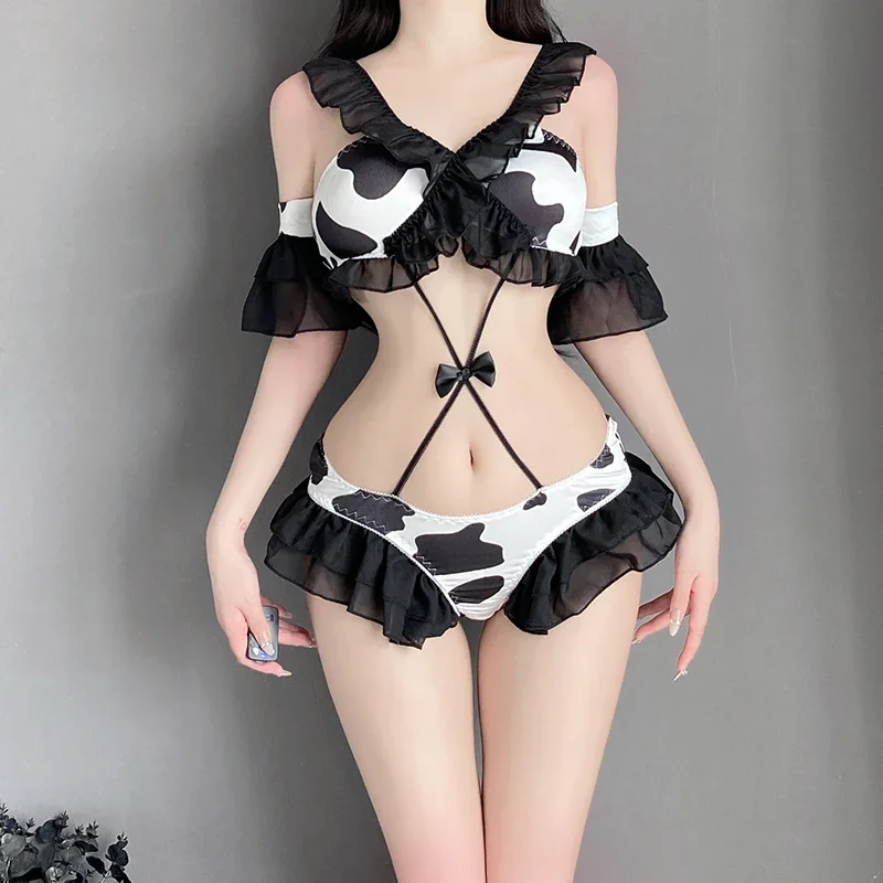 Sexy Lingerie Anime Cosplay Costume Uniform Cow Girl Dress Lace Bra Panty Suit Hot Pajamas Night Club Wear Womens Girls Female