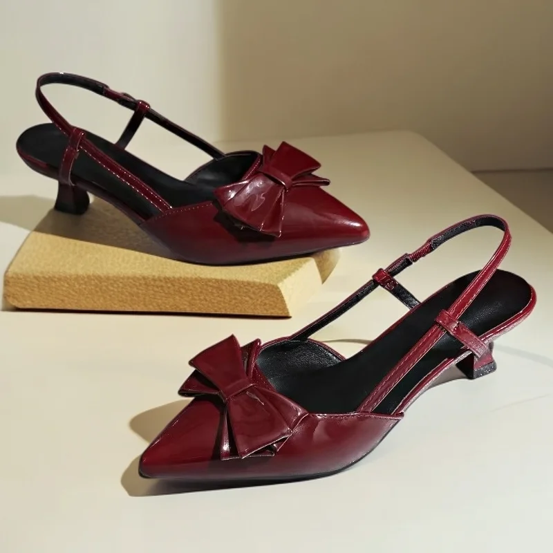 

Women Pumps Red Wedding Shoes Bride Luxury Patent Leather Butterfly-knot Pointed Toe Adjustable Slingback Heels Elegant Sandals