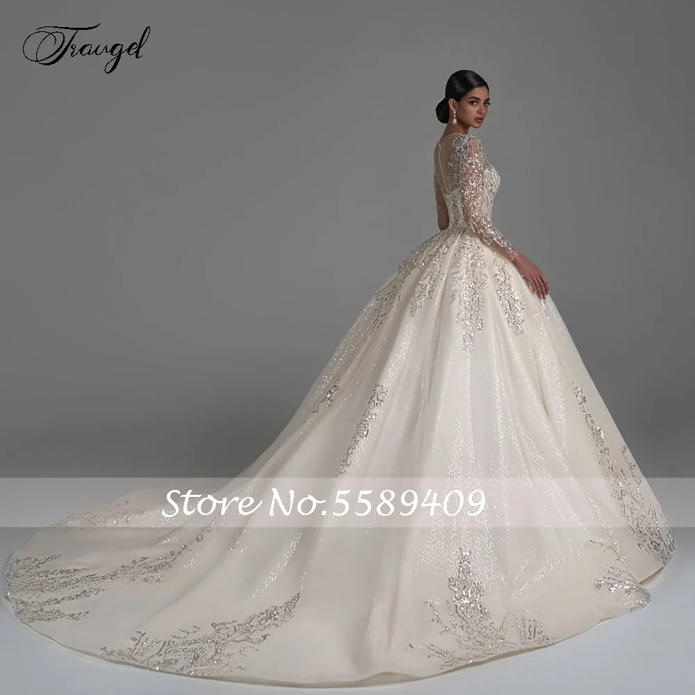 Traugel Ball Gown Luxo Vestidos De Noiva O-Neck Manga Longa Vestido De Novia Lace frisada Capela Trem Glamorous Vestido De Noiva