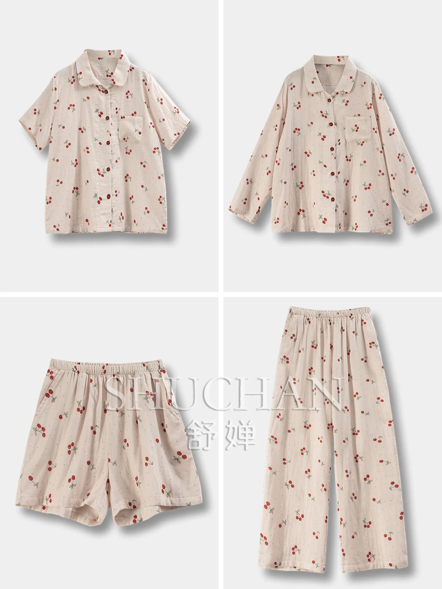 Double Cotton Yarn Cherry Shirt + Shorts/Trousers Pajama Set Loungewear 2026 New 12X6
