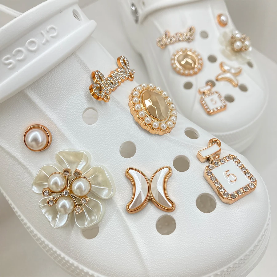 12pcs Gloden Shoe Charms 3D Flower Perfume Faux Pearl Shoe Buckle Decoration Suitable For Crocs Kids Party Gift image 5