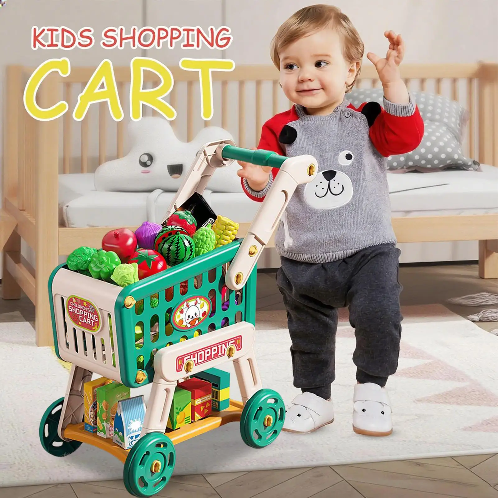 Grocery Cart For Kids Kids Shopping Cart Toy Play Kitchen Accessories Pretend Play Educational Toys Fake Food For Boys Girls