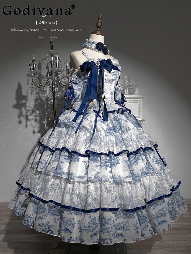 

Original Gothic Retro Lolita Long Sling Dresses Chinese Style Sweet Print Lolita Cos Dress Women's Slim Elegant Fishbone Dress