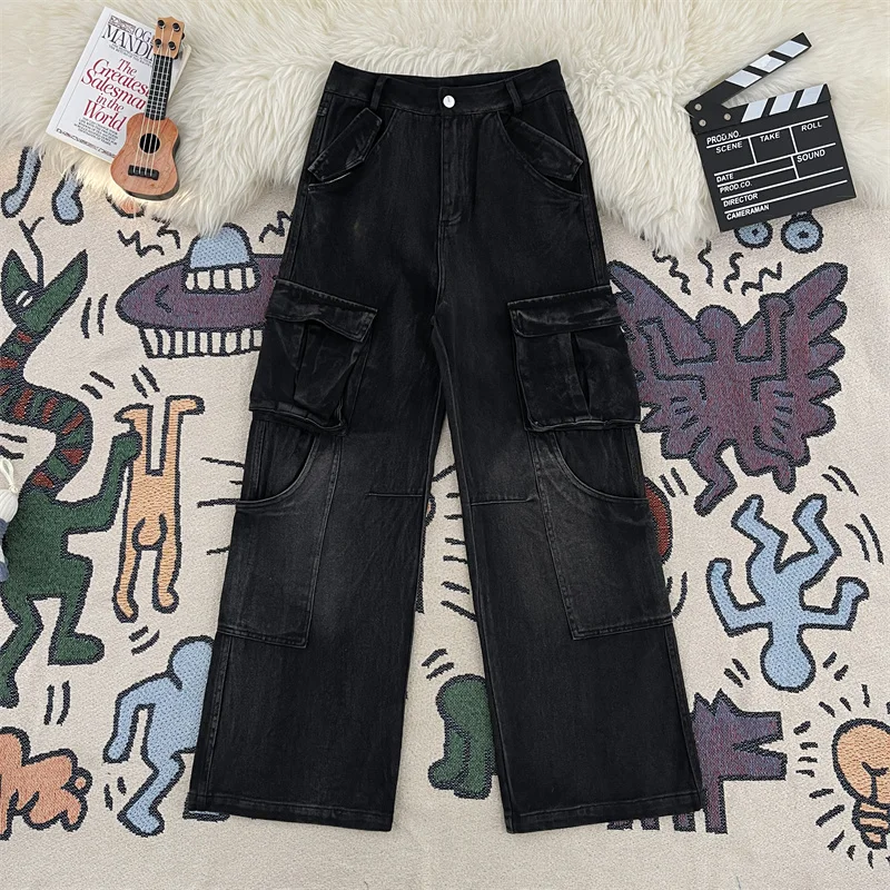 

American High Street Retro Workwear Jeans Men's Trendy Street Casual Multi-ket Loose Wide Leg Bla Long Pants