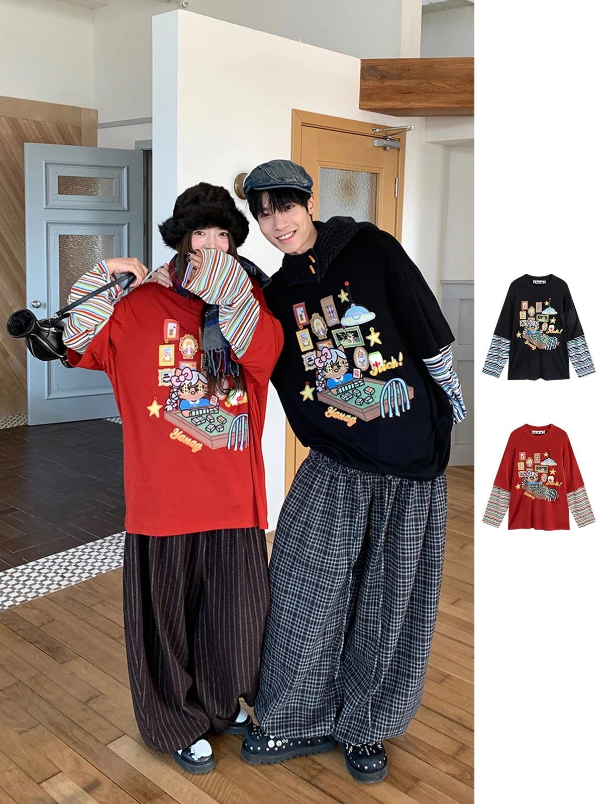 

New Brand Long Sve T-irt Casual Sle Loose Fit Ladieswear round Ne Print Pattern GoGoBuyer KT Fake Two-Piece