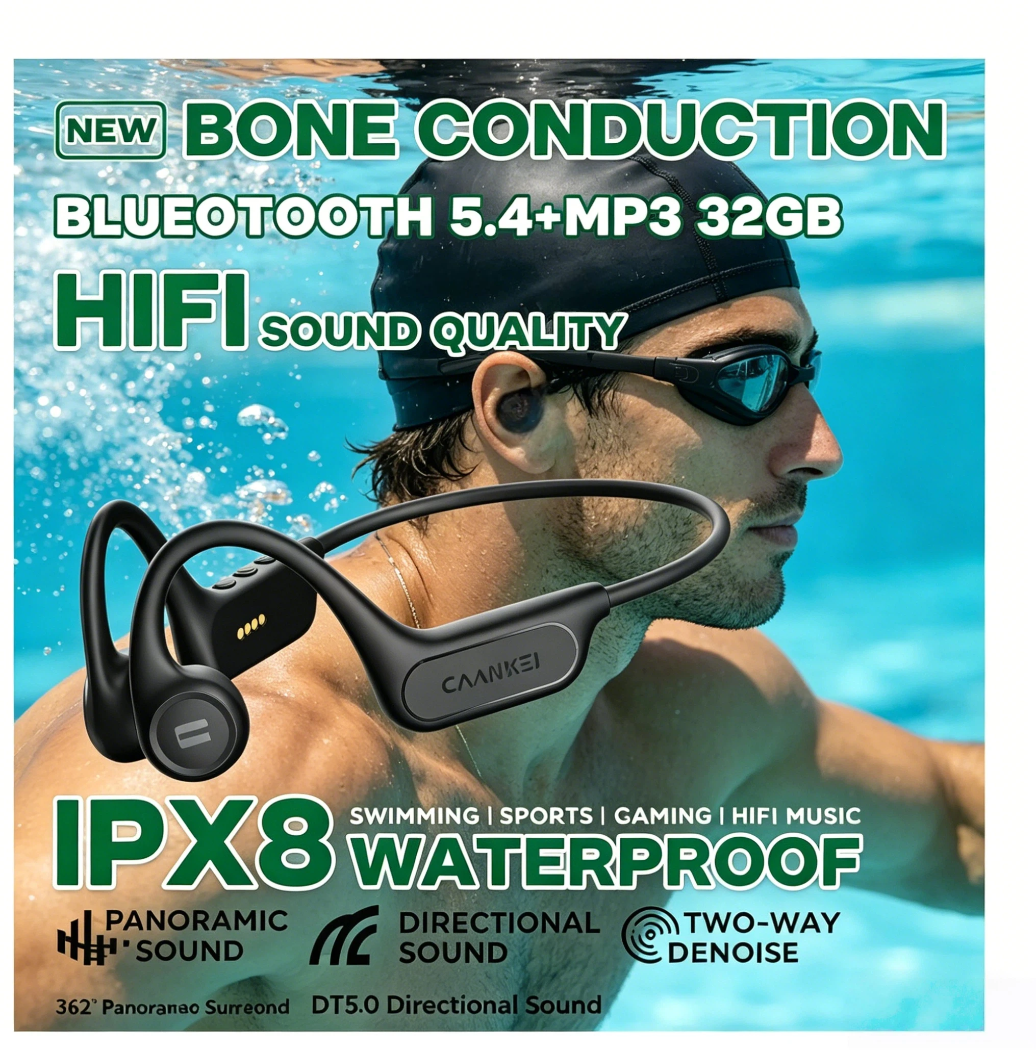 IPX8 Underwater Waterproof Bone Conduction Earphones, 32GB MP3 Offline Music, Bluetooth 5.4 Open-Ear Headset for Diving Swimming