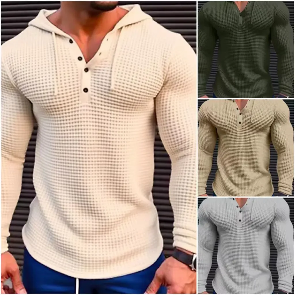 Spring Solid Color Slim Fit Long Sleeved T-shirt, Men\'s Hooded Breathable Sports Top, Waffle Cotton Casual Long Sleeved Shirt