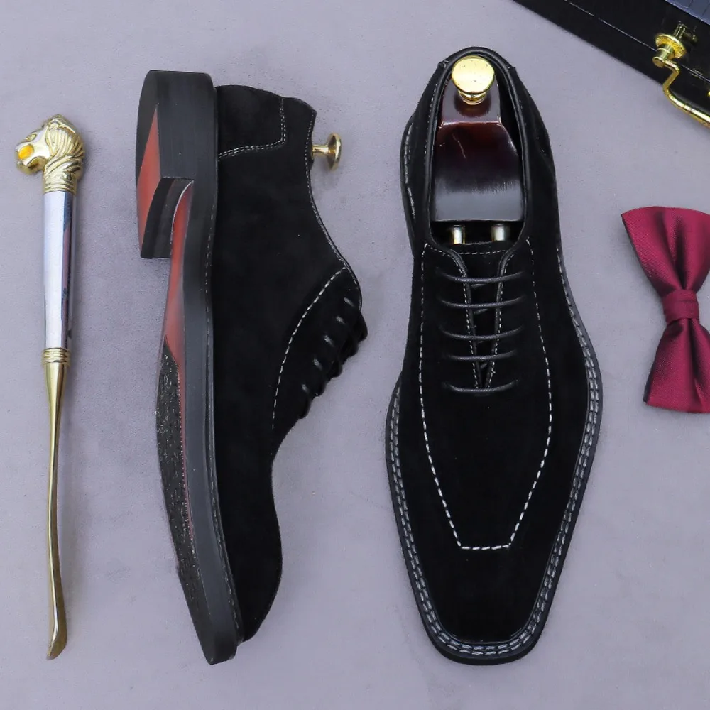 

Mens Genuine Leather Oxford Shoes British Vintage Suede Handmade Square Toe Lace Up Business Casual Formal Dress Shoes
