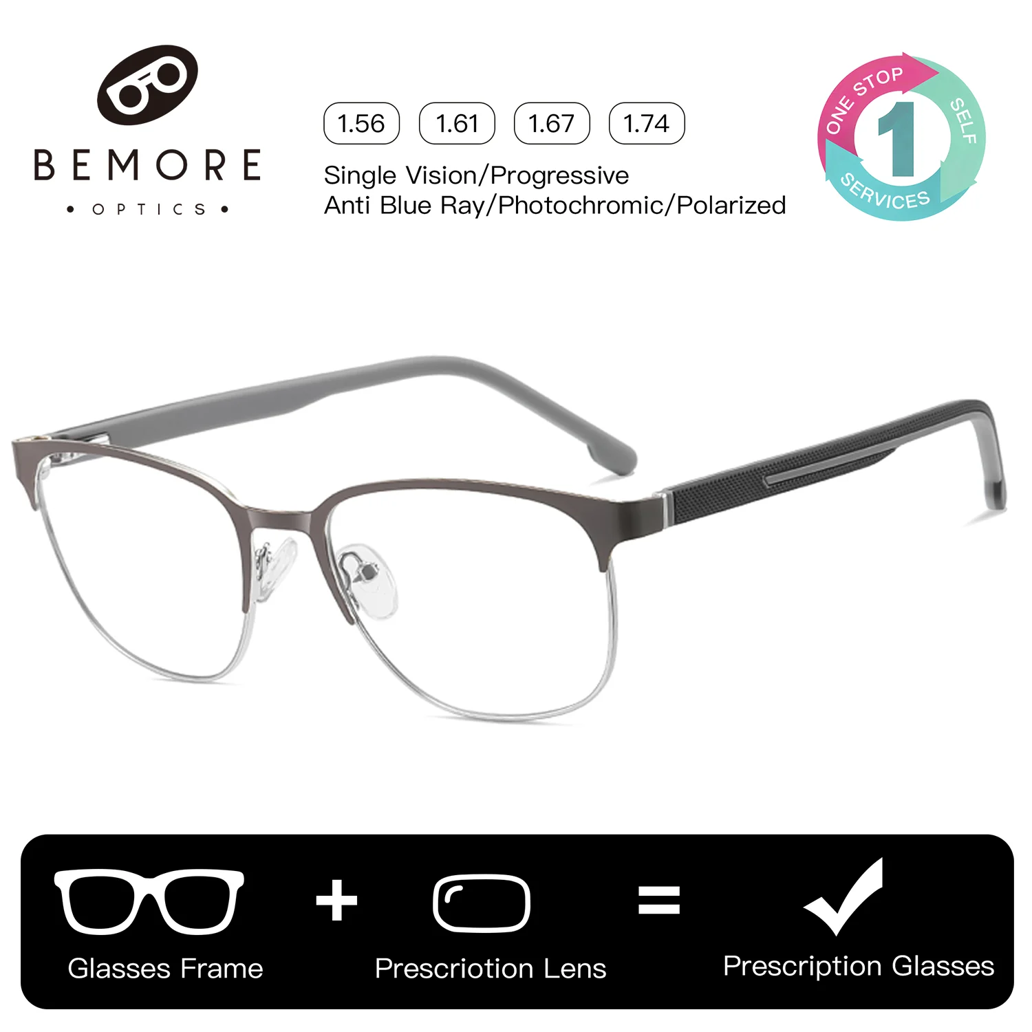 bemore-モダンなデザインの金属製メガネ。男性用、ブルーライトカット、近視矯正、多焦点レンズ、スクエア型、ダブルブリッジ、光学レンズ。