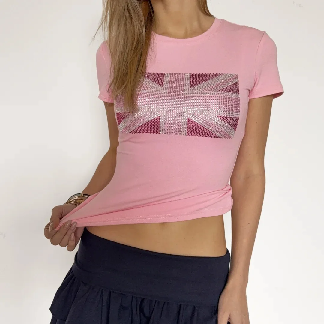 Ins Streetwear Crop-Top für Damen Amerikanischer Vintage Punk Y2K Einzigartiges Perlenbesetztes Slim-Fit Kurzarm-Oberteil im Spicy-Girl-Stil – Detail 3