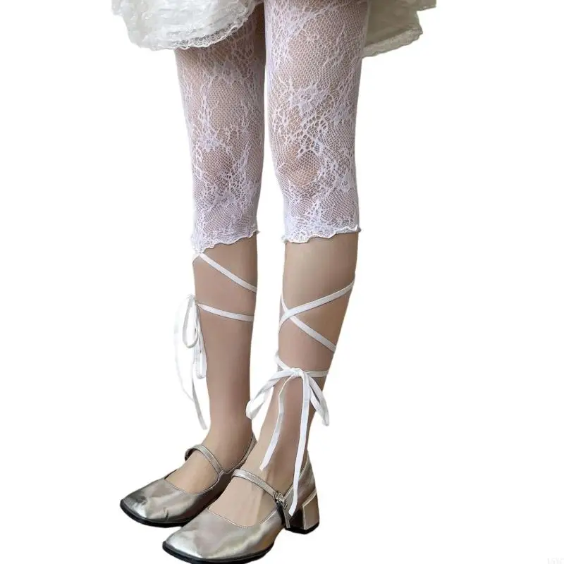 

L5YC Under Dress Pettipants Capris Leggings with Ties for Women Mesh Cropped Pants Flower Lace Fit Underpant