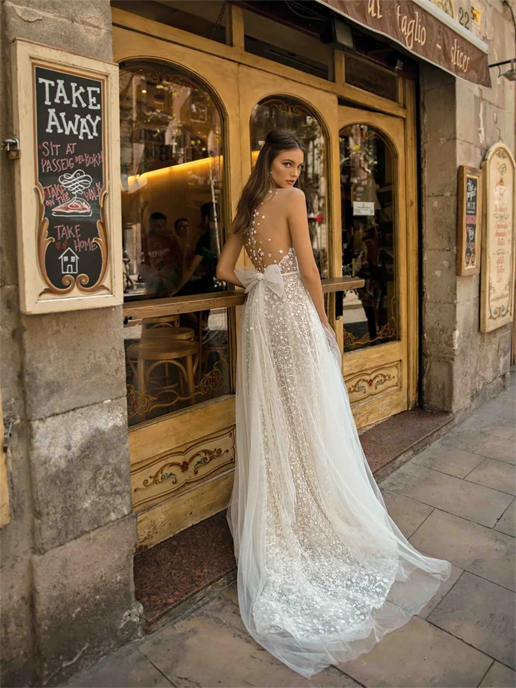 13124# Real Photos Elegant Sleeveless Illusion Back Beading Lace Sequined Flowers A-line Wedding Dress 2024 Bride Gown For Women