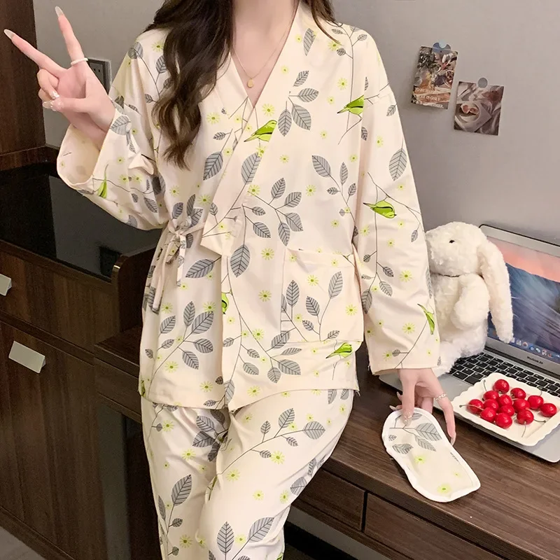 Cotton Long Sleeve Pants Floral Print Woman Satin Pajama Sets Ensembles 2 Piece Lady Outfit Lounge Women Pijama Sleepwear Pj