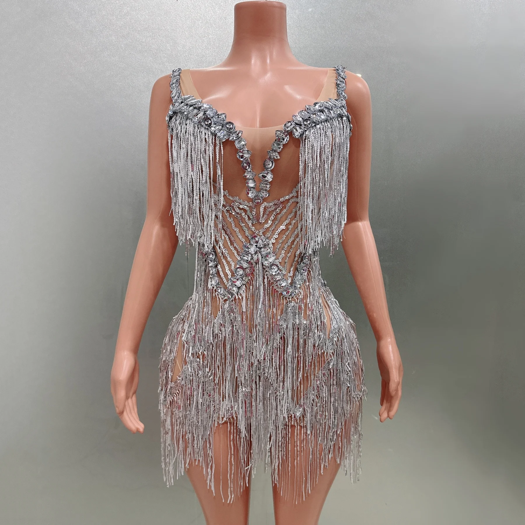 

Sparkly Rhinestone Tassels Sexy Mesh Sheath Mini Dress Evening Party Nightclub Performance Costume Bar Singer Dancer Stage Wear