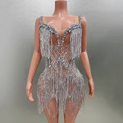 Sparkly Rhinestone Tassels Sexy Mesh Sheath Mini Dress Evening Party Nightclub Performance Costume Bar Singer Dancer Stage Wear