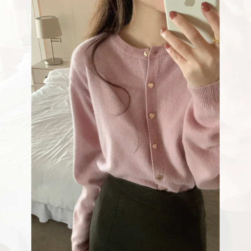 Cardigan alla moda progettato per le donne tinta unita rosa grigio verde chiaro autunno sottile maglione morbido sciolto e accogliente corto lavorato a maglia