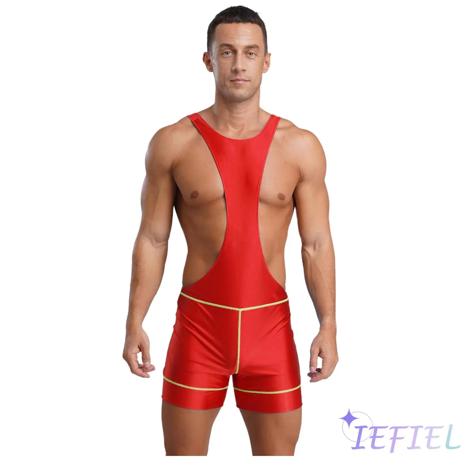 

Men Glossy Mankini Gymnastic Bodysuit Open Back Boxer Shorts One-piece Singlets Leotard for Boxing Wrestling Sports Yoga Workout