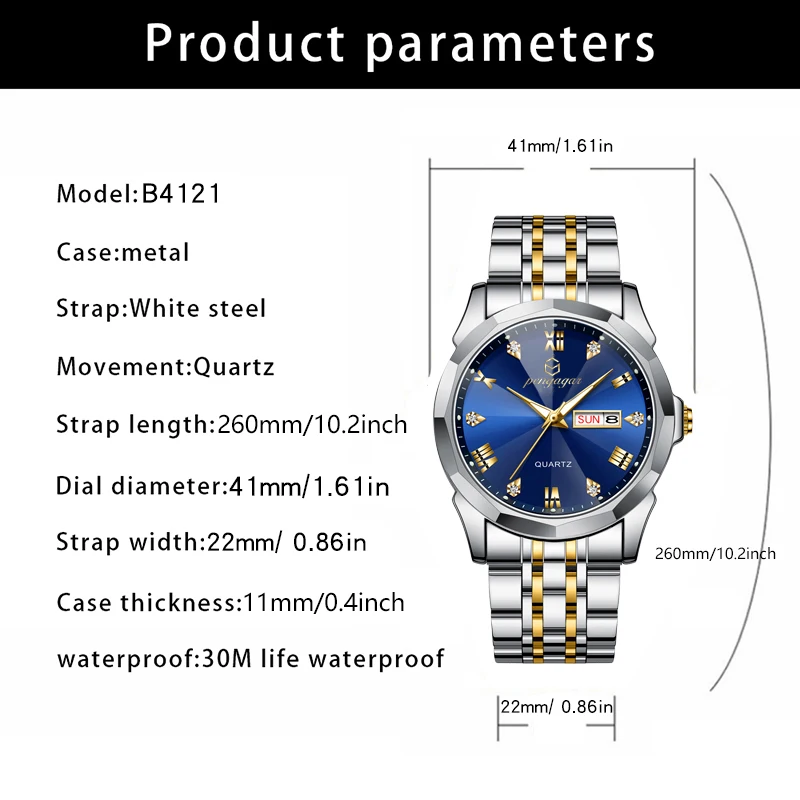 Men Watch Water Diamond Luxury Night Glow Double Calendar Quartz Movement 41mm Blue Gold Stainless Steel Fashion Business Watch