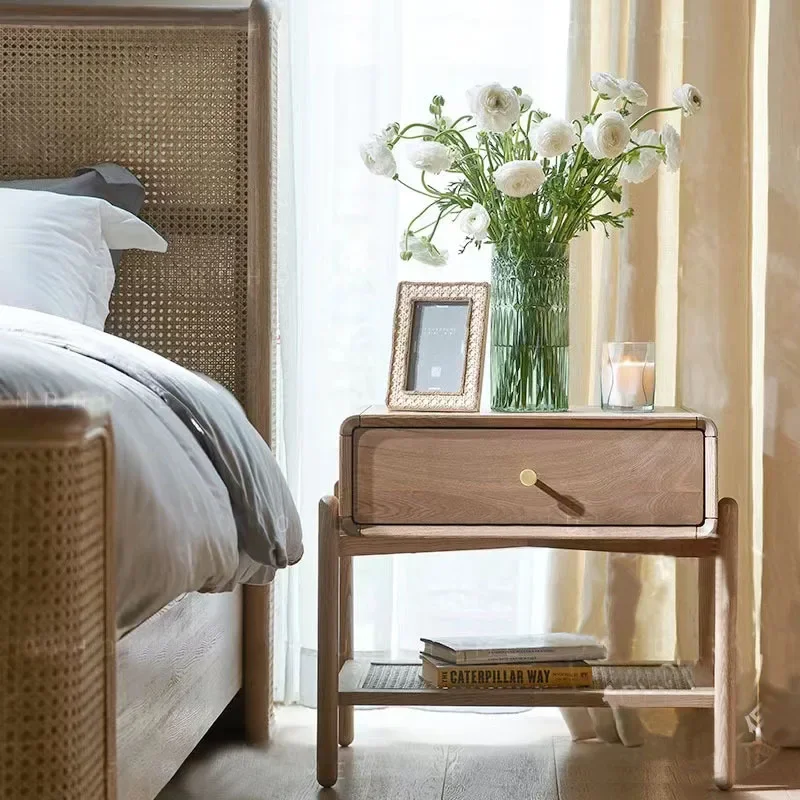 طاولة بجانب السرير من الخشب الصلب الاسكندنافي، درج مزدوج، بسيط وحديث، إقامة منزلية لغرفة النوم المنزلية، درج بجانب السرير، صندوق تخزين #4